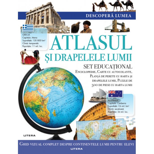 Atlasul si drapelele lumii - Set educational. Enciclopedie, carte cu autocolante, plansa de perete cu harta si drapelele lumii, 
